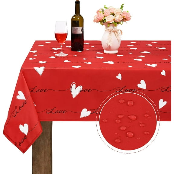 Valentine''s Day Tablecloth Rectangle 60 x 120 Inch, Red Love Heart Table Cloth, Waterproof Spill Proof Wrinkle Resistant Table Cover for Anniversary Wedding Party Holiday Kitchen Dining Room Decor