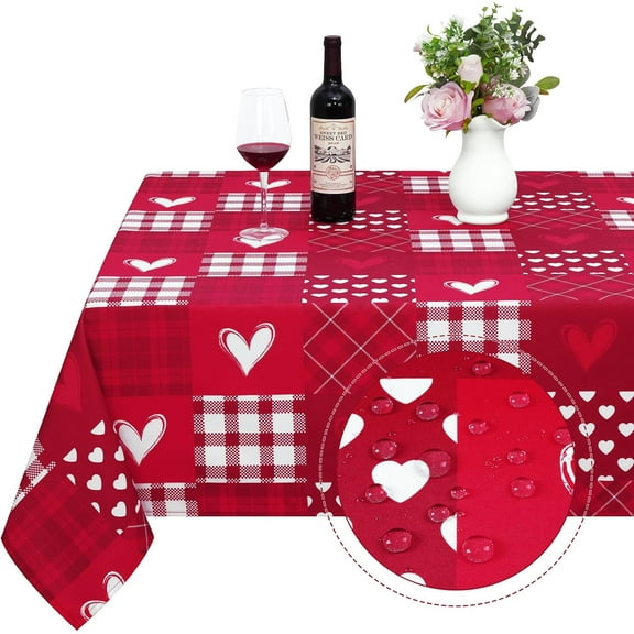 Valentine''s Day Tablecloth Rectangle 60x84 Inch, Buffalo Plaid Love Heart Table Cloth, Red Heart Tablecloths, Waterproof Spillproof Tablecloth for Valentines Day Wedding Dinner Party Decoration