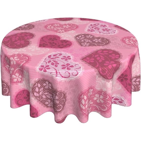 Valentine''s Day Tablecloth Round 60 Inch 14th February Romantic Pink Red Flower Love Heart Decorative Table Cloth with Waterproof Polyester for Holiday Kitchen Dining Room Outdoor Patio Party