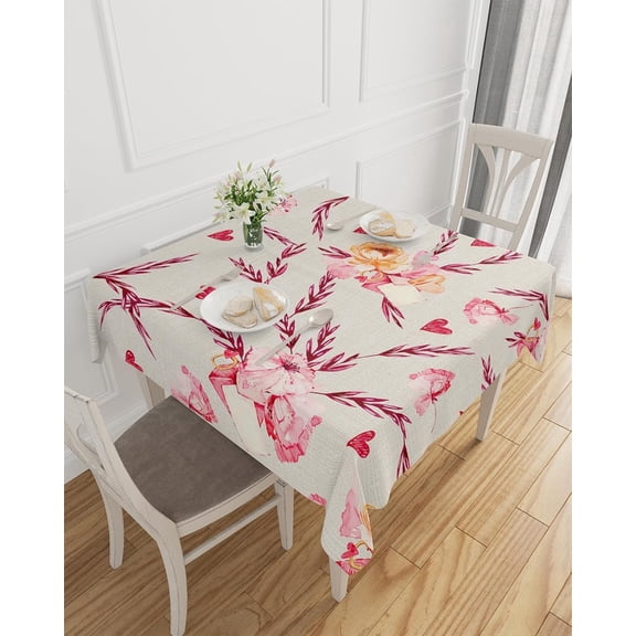 Valentine''s Day Tablecloth Waterproof for Round/Rectangle/Oval/Square Tablecloth 60x60 in Table Cloth Cover for Fall Baby Shower Christmas Wedding Party, Sweet Love Word Spring Flower