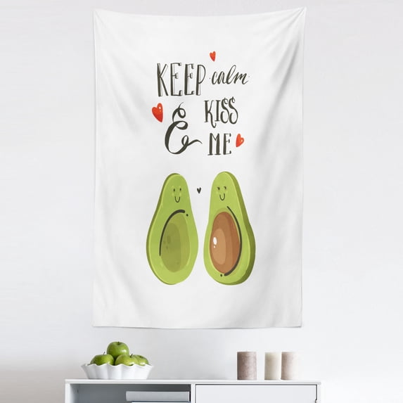 Valentine's Day Tapestry, Cartoon Avocado Lovers Pop Culture Keep Calm Slogan, Fabric Wall Hanging Decor for Bedroom Living Room Dorm, 5 Sizes, Grey Green Brown, by Ambesonne