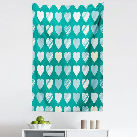 Valentine's Day Tapestry, Heart Lovers Famous Universal Signic Design, Fabric Wall Hanging Decor for Bedroom Living Room Dorm, 5 Sizes, Jade Green Seafoam Cream, by Ambesonne