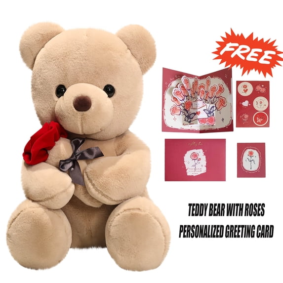 Valentine's Day Teddy Bear with Rose, Large Plush Stuffed Animal for Romantic Gifts, Weddings, and Parties