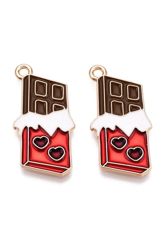 Valentine's Day Theme Alloy Enamel Pendants Lead Free & Cadmium Free Golden Chocolate Charm Red 28x14x1mm Hole: 1.8mm