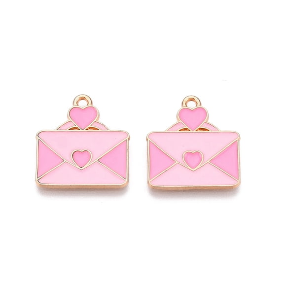 Valentine's Day Theme Alloy Enamel Pendants Lead Free & Cadmium Free Golden Envelope Charm Pink 22x20x1.2mm Hole: 1.8mm