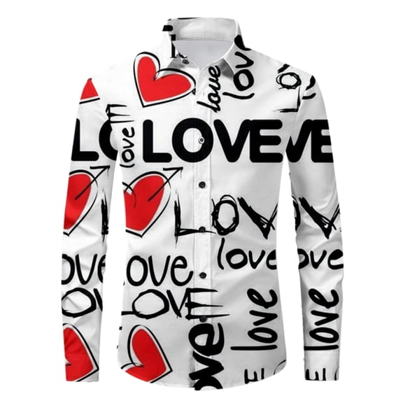 Valentine's Day Theme Men's Long Sleeve Lapel Button Down Long Sleeve Shirt,White,L