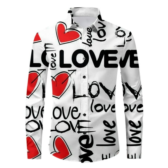 Valentine's Day Theme Men's Long Sleeve Lapel Button Down Long Sleeve Shirt,White,M