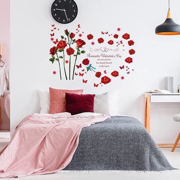 Valentine's Day Theme PVC Wall Stickers Rectangle for Home Living Room Bedroom Decoration Rose Pattern 390x980mm 2pcs/set DIY