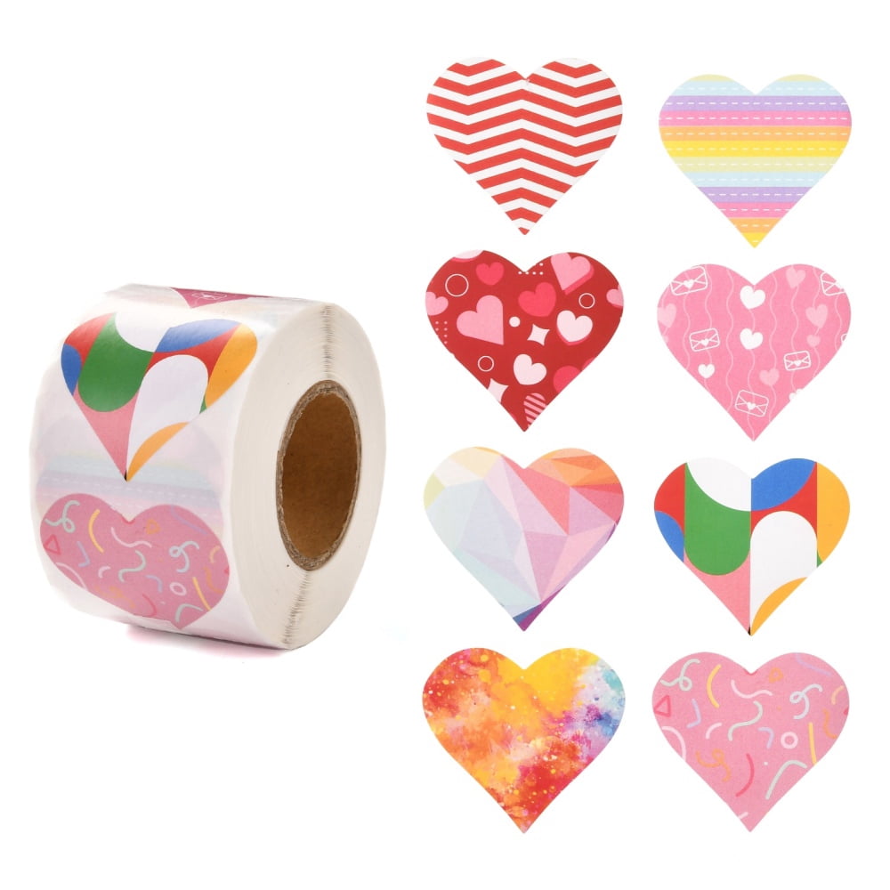 Valentine's Day Theme Paper Gift Tag Stickers 8 Style Heart Shape Adhesive Labels Roll Stickers for Party Decorative Presents Colorful 4.1cm
