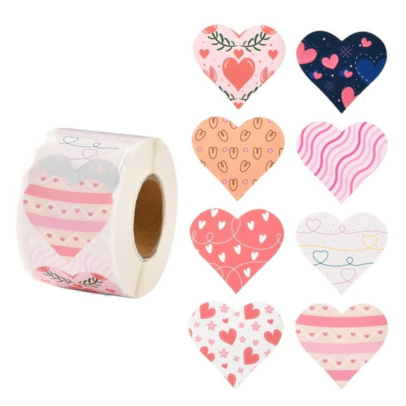 Valentine's Day Theme Paper Gift Tag Stickers 8 style Heart Shape Adhesive Labels Roll Stickers for Party Decorative Presents Colorful 4.1cm about 500pcs/roll 5rolls