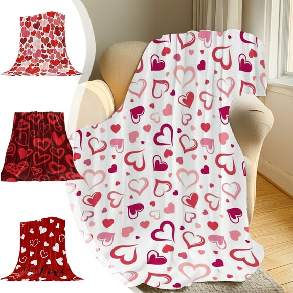 Valentine's Day Throw Blanket 29.53x39.37 in Pink Red White Romantic Love Heart Flannel Blanket Warm Soft Plush Fleece Blanket for Mom Couple Girlfriend Home Bed Sofa Couch Chair