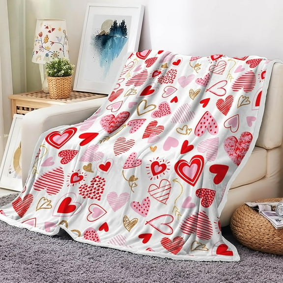 Valentine''s Day Throw Blanket, Love Hearts Pink Romantic Cozy Flannel Blankets and Throws, Sweet Lover Valentine Day Wedding Couch Sofa Bed Camping Travel Picnic Outdoor Blanket, 60X90IN