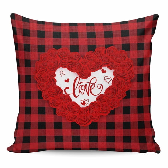 Valentine's Day Throw Pillow Cover Love Heart Rose Red Buffalo Plaid Cotton Linen Cushion Cover Throw Pillow Case with Invisible Zipper for Couch Sofa Bed Chair Car 18x18 Inch