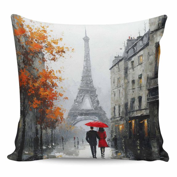 Valentine's Day Throw Pillow Cover Rainy Couple under Red Umbrella Paris Eiffel Tower Maple Leaf Cotton Linen Cushion Cover Throw Pillow Case with Invisible Zipper for Couch Sofa Bed 24x24 Inch