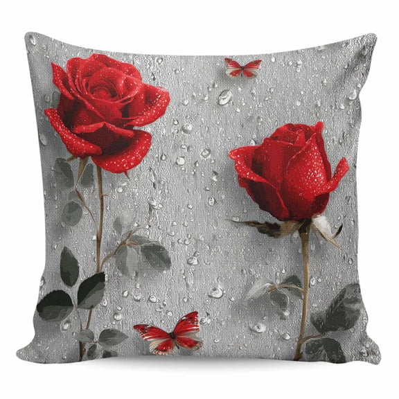 Valentine's Day Throw Pillow Cover Rainy Romantic Red Roses Floral Plant Butterfly Cotton Linen Cushion Cover Throw Pillow Case with Invisible Zipper for Couch Sofa Bed Chair Car 16x16 Inch