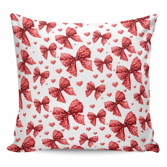 Valentine's Day Throw Pillow Cover Romantic Red Dots Bowknots Love Heart Cotton Linen Cushion Cover Throw Pillow Case with Invisible Zipper for Couch Sofa Bed Chair Car 24x24 Inch