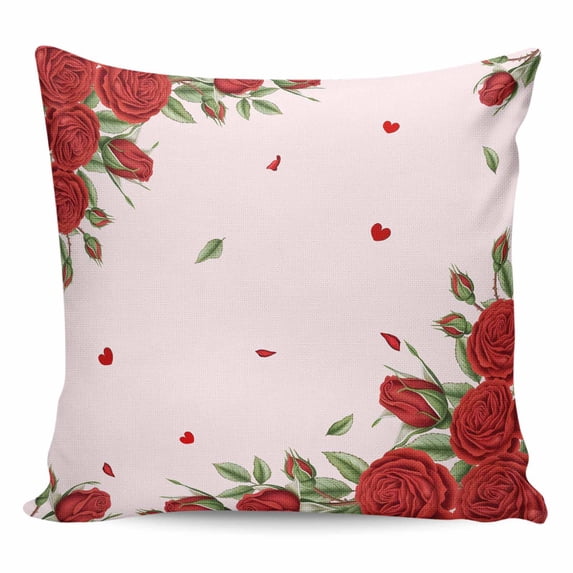 Valentine's Day Throw Pillow Cover Romantic Roses Flower Petals Green Leaf Pink Cotton Linen Cushion Cover Throw Pillow Case with Invisible Zipper for Couch Sofa Bed Chair Car 18x18 Inch