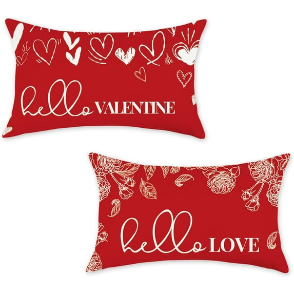Valentine''s Day Throw Pillow Covers 12x20 Set of 2 Farmhouse Hello Valentines Heart Rose Decorations Outdoor Red Patio Cushion Cover for Sofa Couch Home Bed