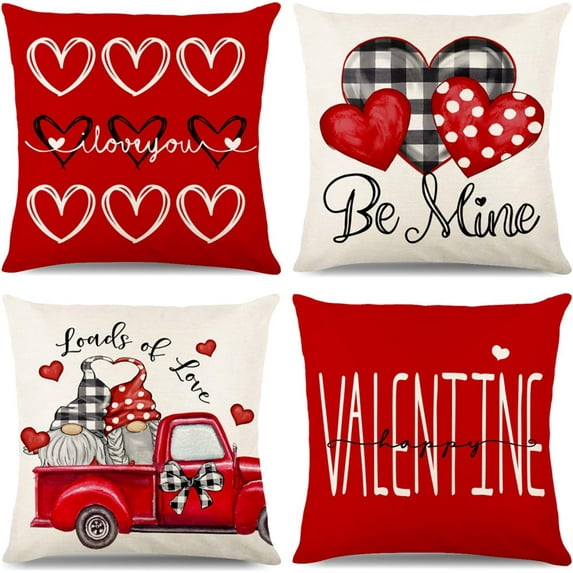 Valentine''s Day Throw Pillow Covers 18x18 Set of 4 Red Valentines Day Truck Pillow Covers Gnome Loads of Love Farmhouse Cushion Covers Wedding Anniversary Pillow Cases for Home Decor