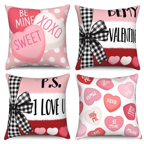 Valentine's Day Throw Pillow Covers 18x18 Set of 4,Pink and Red Candy Love Decorative Pillow Cases for Bedroom Sofa Couch