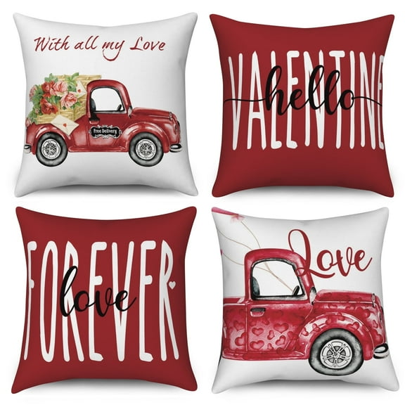 Valentine's Day Throw Pillow Covers 18x18 Set of 4,Red Truck Decorative Pillow Cases for Bedroom Sofa Couch