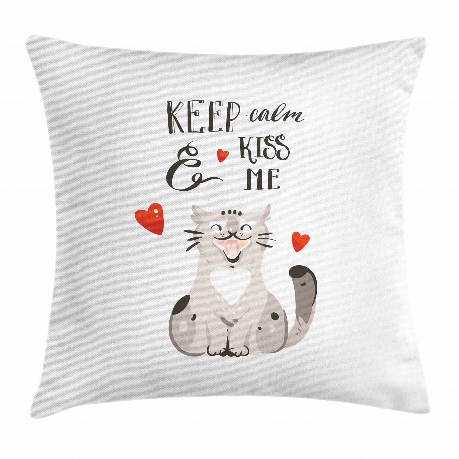 Valentine's Day Throw Pillow Cushion Cover, Love Cartoon Happy Cat with  Hand Written Kiss Me Quote, Decorative Square Accent Pillow Case, 18 X 18  Inches, Warm Taupe Vermilion and Black, by Ambesonne 