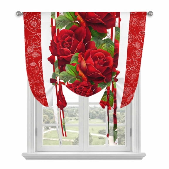 Valentine's Day Tie Up Curtains 45 Inches Long, Kitchen Window Curtains Over Sink, Red Roses Floral Romantic Striped Small Window Curtains Shade Balloon Curtains Valances for Bedroom/Cafe 34"x45"