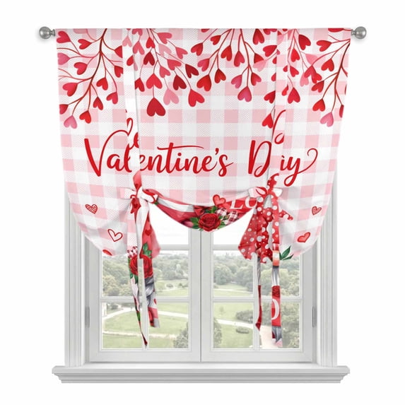 Valentine's Day Tie Up Curtains for Windows, Adjustable Balloon Window Shades, Loves Gnomes Roses Romantic Pink Plaid Kitchen Window Treatments Adjustable Roll Up Curtain for Basement/Nursery 52"x45"