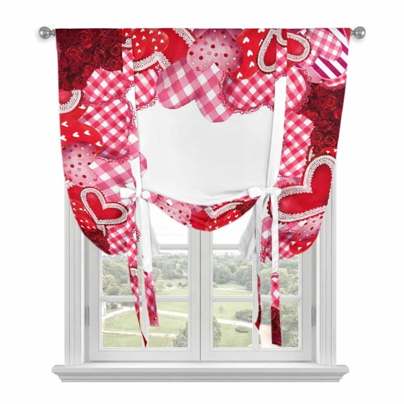 Valentine's Day Tie Up Curtains for Windows, Adjustable Balloon Window Shades, Pink Buffalo Plaid Love Hearts Roses Kitchen Window Treatments Farmhouse Short Curtains with Rod Pocket 42"x45"