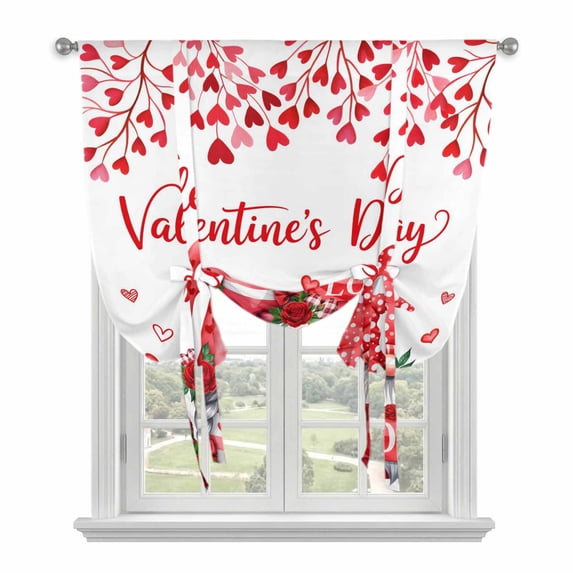 Valentine's Day Tie Up Curtains for Windows, Adjustable Balloon Window Shades, Red Gnomes Love Roses Romantic White Kitchen Window Treatments Farmhouse Short Curtains with Rod Pocket 42"x45"