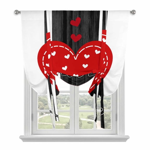 Valentine's Day Tie Up Curtains for Windows, Adjustable Balloon Window Shades, Red Love Hearts Romantic Black Striped Kitchen Window Treatments Adjustable Roll Up Curtain for Basement/Nursery 52"x45"
