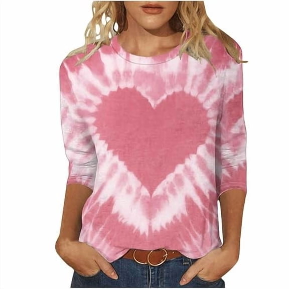 Valentine's Day Tie Dye Heart Print T Shirt for Womens 3/4 Sleeve Casual Soft Tee Loose Tops