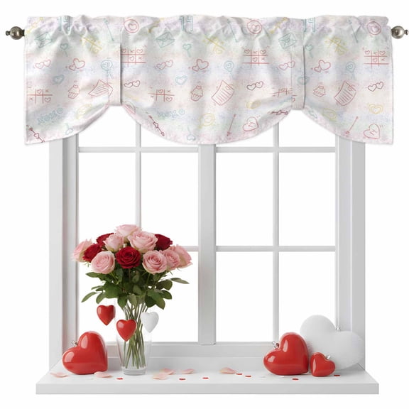 Valentine's Day Tie Up Valance for Windows, Heart Ice Cream Arrow Number Adjustable Rod Pocket Tie Up Valance Curtains Window Treatment for Kitchen Bathroom Bedroom 42 X 12 Inch