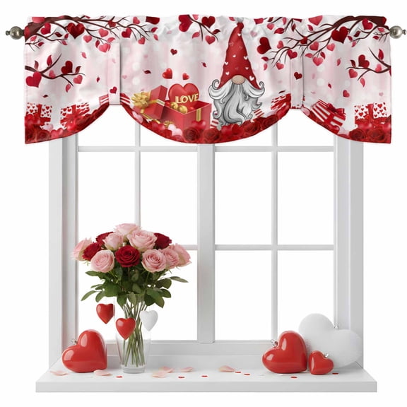 Valentine's Day Tie Up Valance for Windows, Red Gnome Romantic Rose Box Love Tree Pink Adjustable Rod Pocket Tie Up Valance Curtains Window Treatment for Kitchen Bathroom Bedroom 42 X 12 Inch