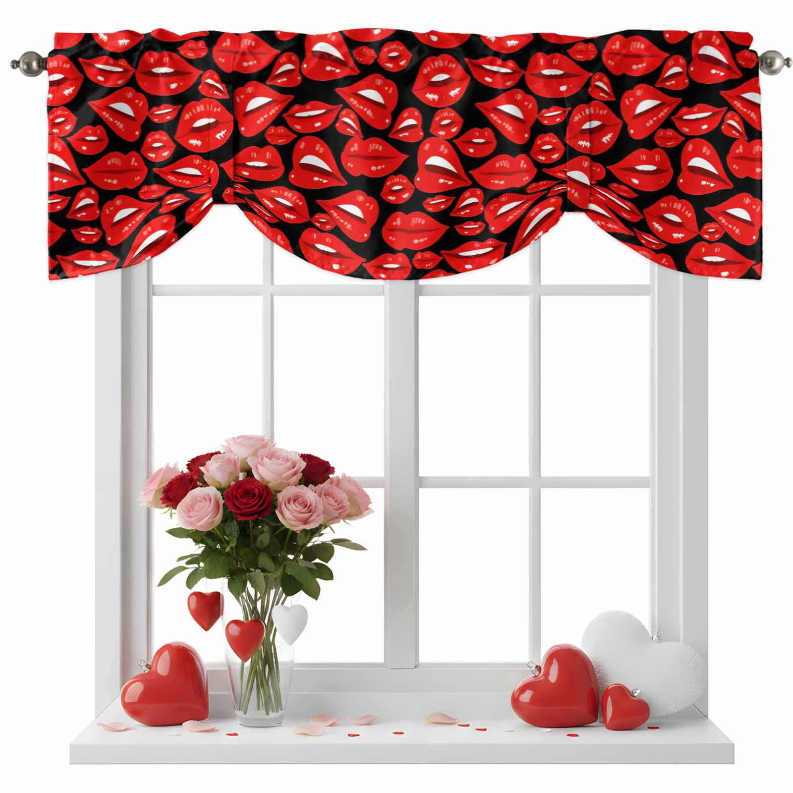Valentine's Day Tie Up Valance for Windows, Red Lips Beauty Lipstick