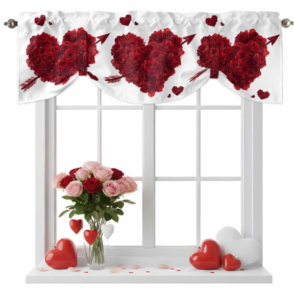 Valentine's Day Tie Up Valance for Windows, Red Rose Flower Love Heart Arrow Decoration Adjustable Rod Pocket Tie Up Valance Curtains Window Treatment for Kitchen Bathroom Bedroom 42 X 12 Inch