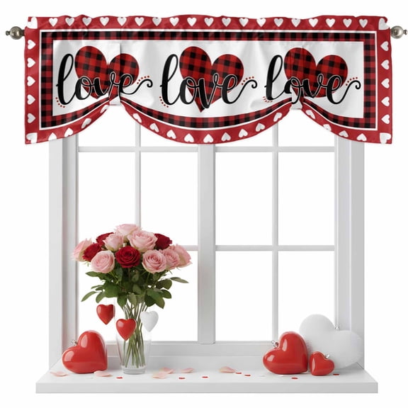 Valentine's Day Tie Up Valance for Windows, Romantic Red Buffalo Plaid Love Heart Border Adjustable Rod Pocket Tie Up Valance Curtains Window Treatment for Kitchen Bathroom Bedroom 60 X 18 Inch