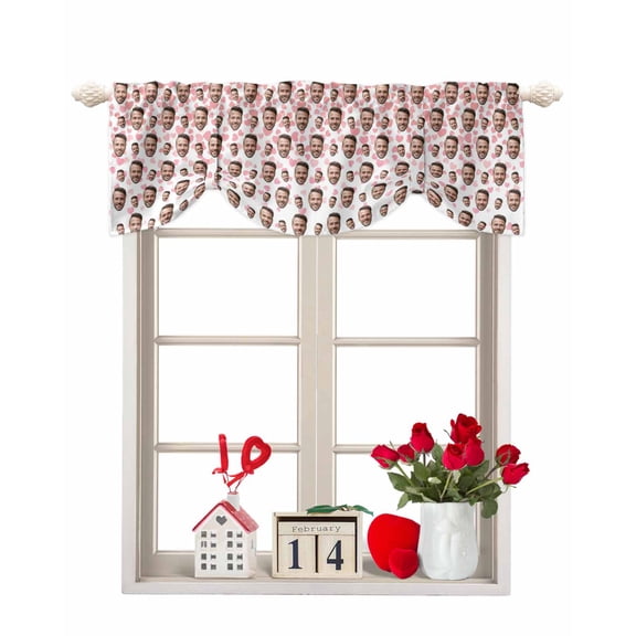 Valentine's Day Tie Up Valances Curtain, Funny Man Smile Face Picture Pink Love Heart Adjustable Rod Pocket Short Window Treatment Tie Up Curtains Valances for Kitchen Living Room Bathroom 42x12 In