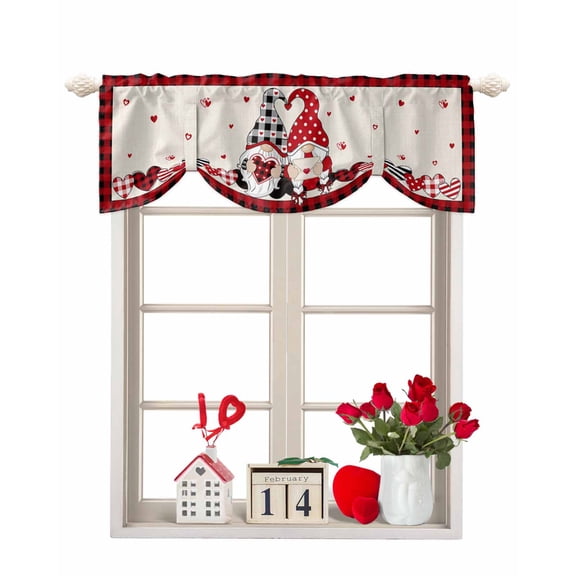 Valentine's Day Tie Up Valances Curtain, Gnome Couple Sweet Love Heart Red Black Plaid Adjustable Rod Pocket Short Window Treatment Tie Up Curtains Valances for Kitchen Living Room Bathroom 42x18 In