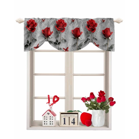 Valentine's Day Tie Up Valances Curtain, Rainy Red Roses Floral Plant Butterfly Adjustable Rod Pocket Short Window Treatment Tie Up Curtains Valances for Kitchen Living Room Bathroom 54x18 In