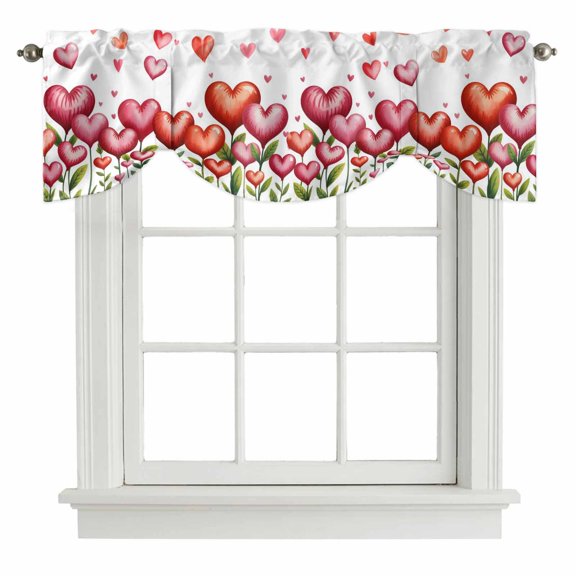 Valentine's Day Tie Up Valances Curtain, Spring Watercolor Red Pink Love Heart Floral Plant Adjustable Valance for Window Light Filtering for Kitchen and Bathroom Rod Pocket 1 Panel 42x18in