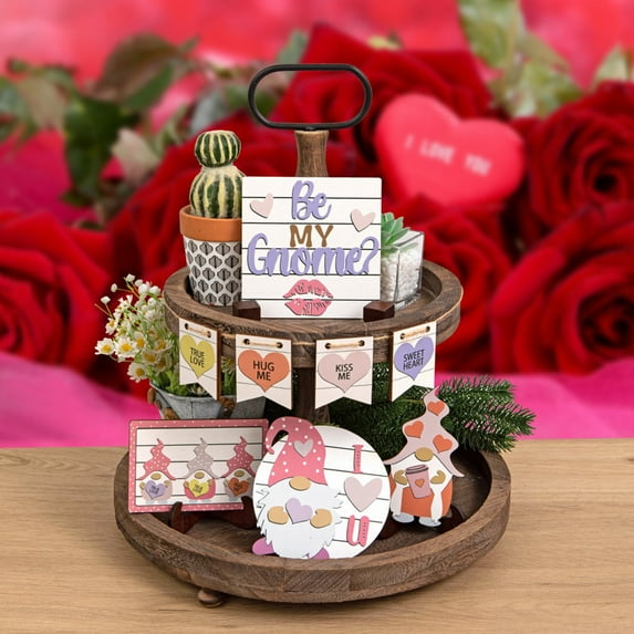 Valentine's Day Tiered Tray Decor Farmhouse Gnome Envelope Wooden Table Sign Heart Banner Rustic Tabletop Centerpiece Decoration for Valentine's Day Wedding Anniversary (Tray NOT Included)