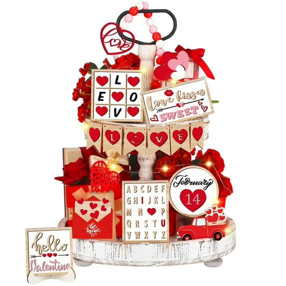 Valentine's Day Tiered Tray Decor Set Valentines Heart Wood Sign Truck Wooden Tabletop Sign Rustic Farmhouse Tray Sign Valentine Day Table Decorations for Romantic Valentines Home Kitchen Decor