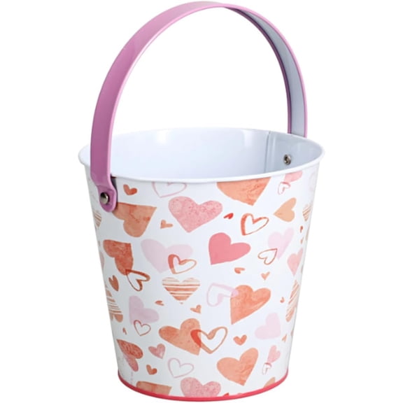 Valentine's Day Tin Pail Solid and Designed Red and Pink Hearts With Red Hand 5x5x4.75-in