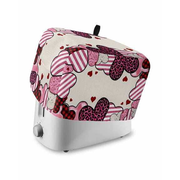 Valentine's Day Toaster Cover 2 Slice, Small Kitchen Appliance Covers, Pink Strip Love Hearts Rustic Burlap Toaster Oven Cover with Loop, Bread Machine Cover Polyester Dust Cover Protection