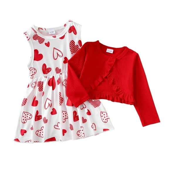 Valentine's Day Toddler Baby Girl Love Heart Printings Sleeveless Dress Ribbed Cardigan Two-Piece Set 9M-4Y