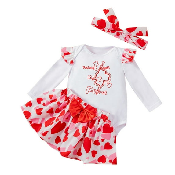 Valentine's Day Toddler Girl Outfit Animal Long Sleeve Top Skirt Bowknot Hairband 3PCS Kids Clothes Set 6 Months,Watermelon Red
