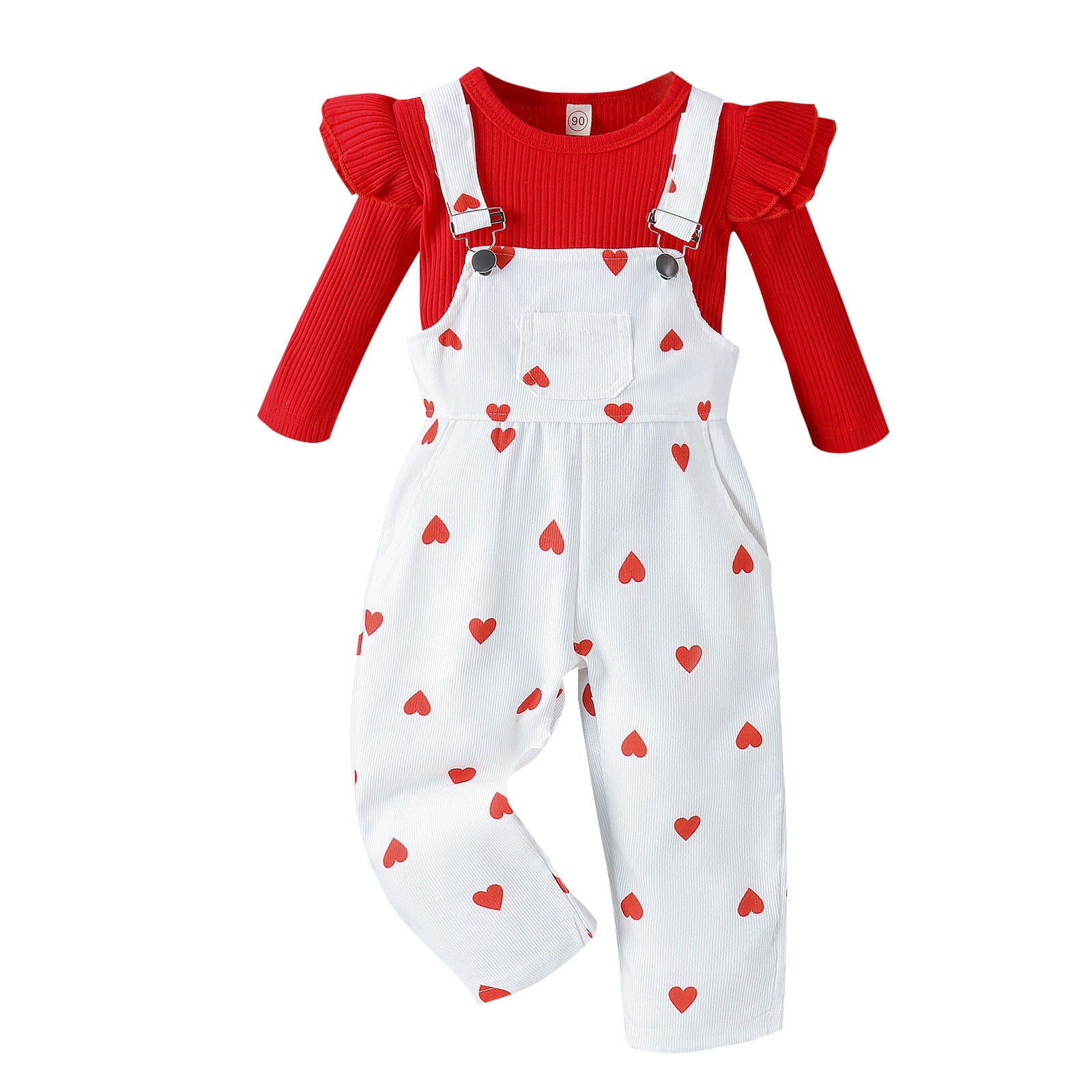 Valentine's Day Toddler Outfits For Girls Long Sleeve Heart Prints Ribbed Pullover Tops