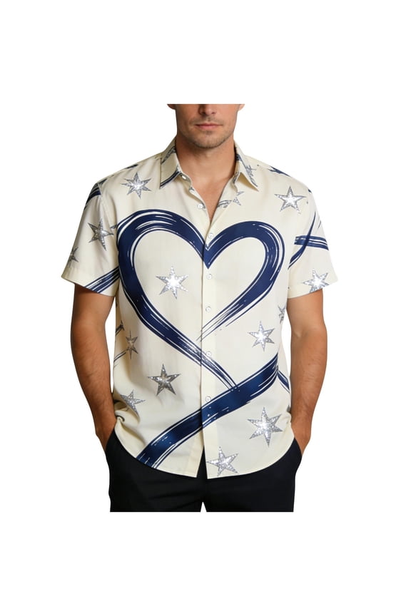 Valentine's Day Top for Men Women Start Hearts Collared Short Sleeve Shirts Blouse Button Down Couples Shirt Summer Plus Size Oversized Blouses Valentine Romantic Date Tops 2026