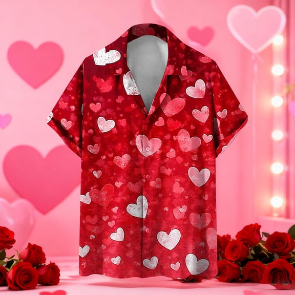 Valentine's Day Top for Men Short Sleeve Print Casual Collared Shirt Red XXXXL